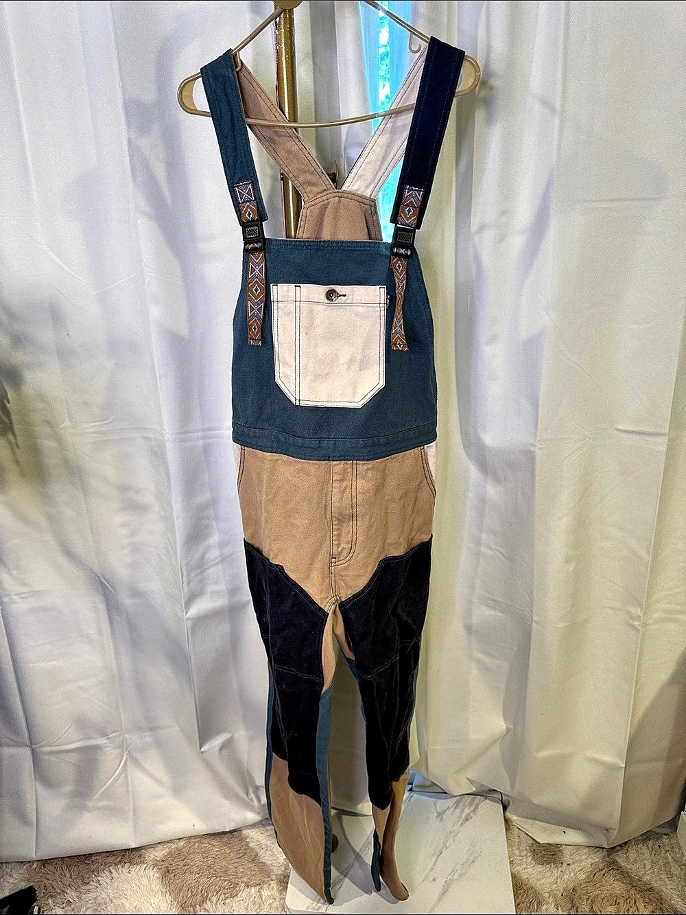 Kavu Double Knee Cotton Color Block Overalls Blue & Brown Small Work Outdoor